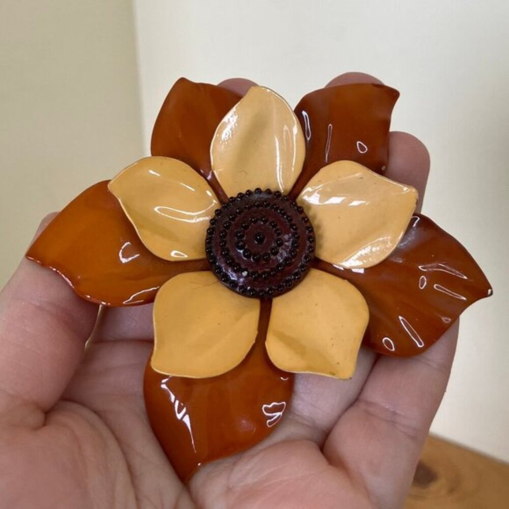 Enamelled Metal Flower Brooch Pin Vintage 1960s Yellow  Orange Floral Shape